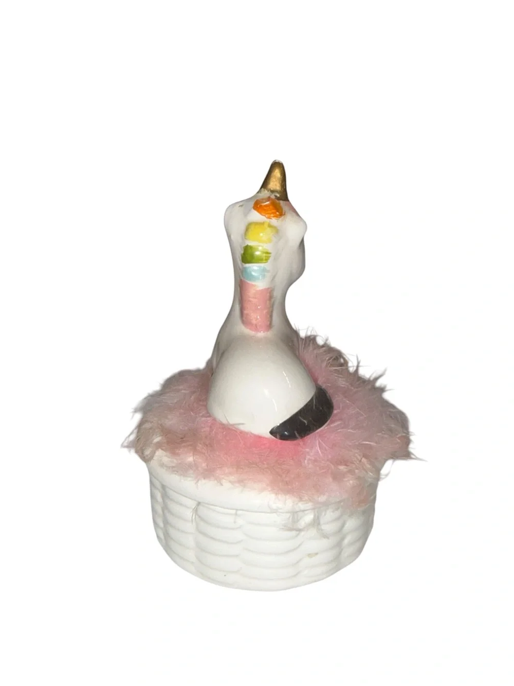 Vintage Ceramic Unicorn Trinket Box | Pink Feather Trim | Whimsical Vanity Decor